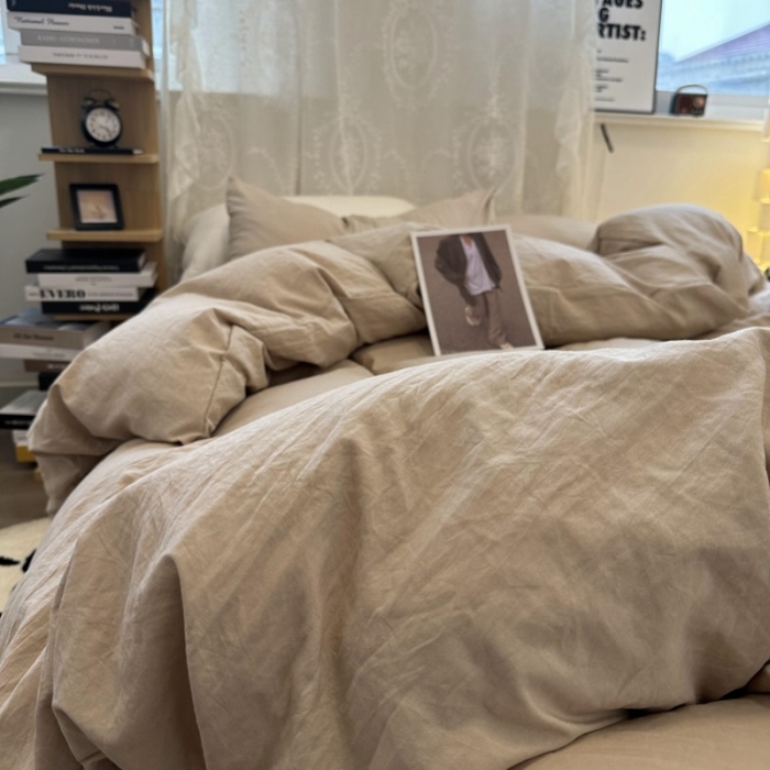 91家纺网 家纺一手货源 找家纺 优色良品 2023新款纯色超柔水洗棉四件套（手机拍摄） 褶皱水洗棉-奶茶色