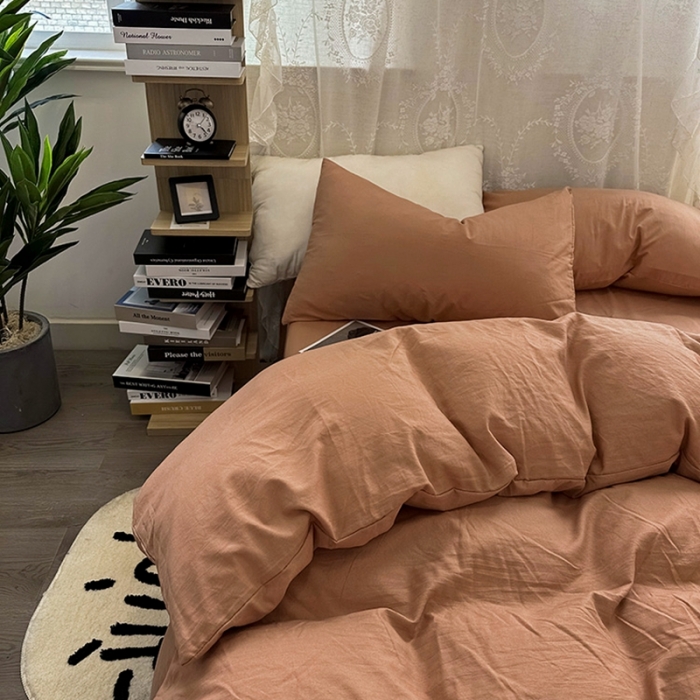 91家纺网 家纺一手货源 找家纺 优色良品 2023新款纯色超柔水洗棉四件套（手机拍摄） 褶皱水洗棉-奶油橙