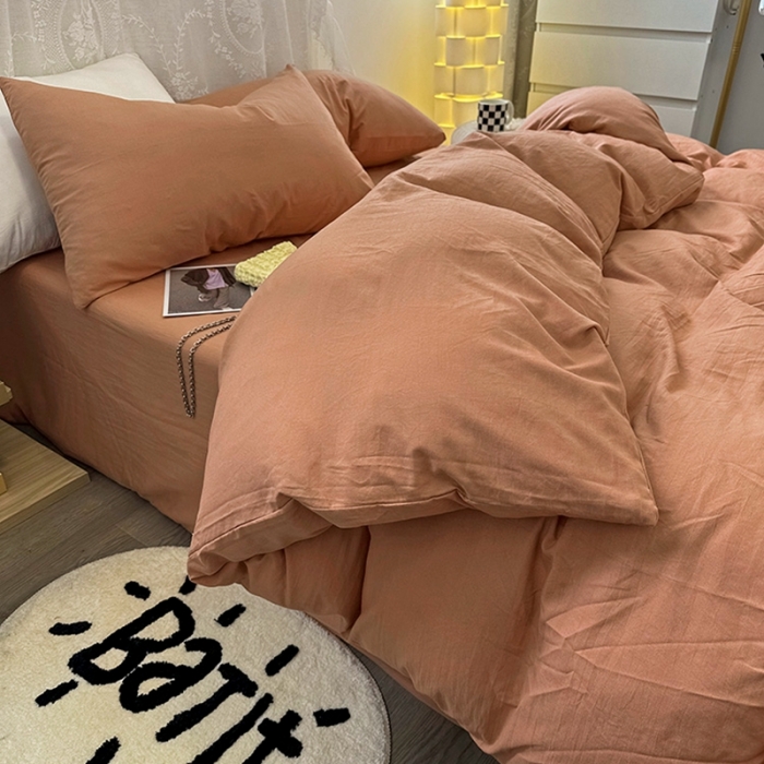 91家纺网 家纺一手货源 找家纺 优色良品 2023新款纯色超柔水洗棉四件套（手机拍摄） 褶皱水洗棉-奶油橙