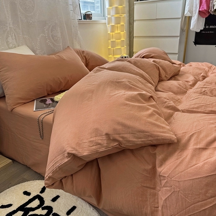 91家纺网 家纺一手货源 找家纺 优色良品 2023新款纯色超柔水洗棉四件套（手机拍摄） 褶皱水洗棉-奶油橙