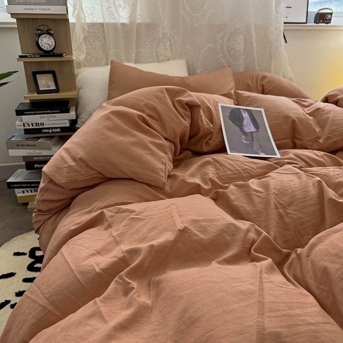 91家纺网 家纺一手货源 找家纺 优色良品 2023新款纯色超柔水洗棉四件套（手机拍摄） 褶皱水洗棉-奶油橙