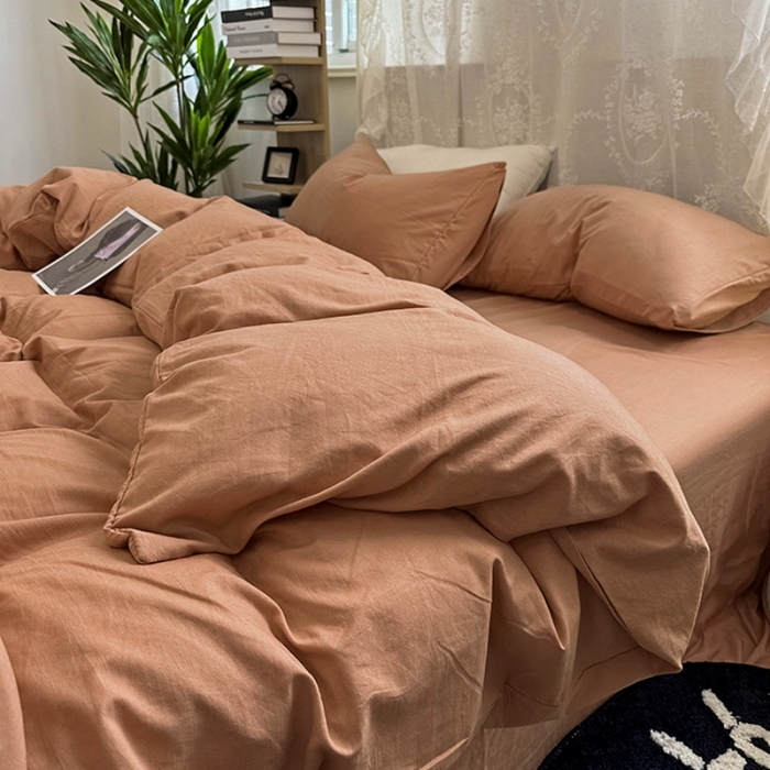 91家纺网 家纺一手货源 找家纺 优色良品 2023新款纯色超柔水洗棉四件套（手机拍摄） 褶皱水洗棉-奶油橙