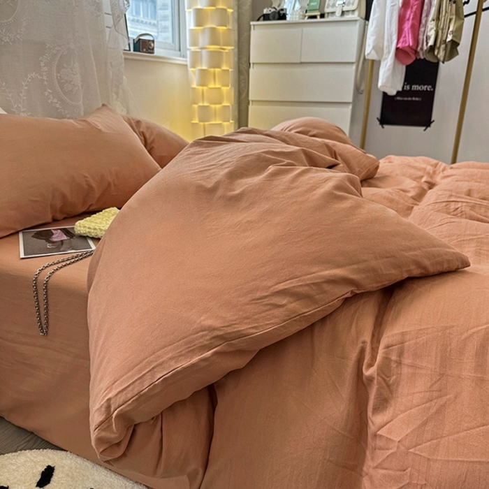 91家纺网 家纺一手货源 找家纺 优色良品 2023新款纯色超柔水洗棉四件套（手机拍摄） 褶皱水洗棉-奶油橙