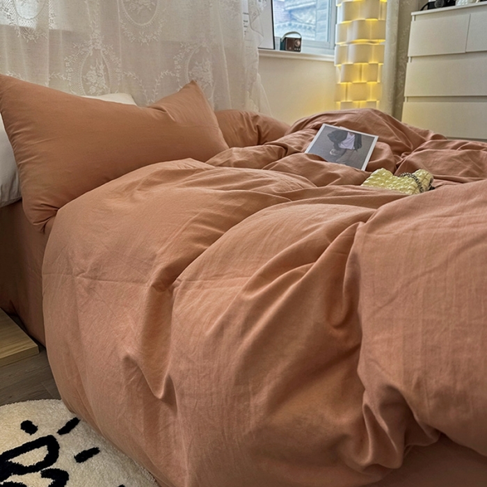 91家纺网 家纺一手货源 找家纺 优色良品 2023新款纯色超柔水洗棉四件套（手机拍摄） 褶皱水洗棉-奶油橙