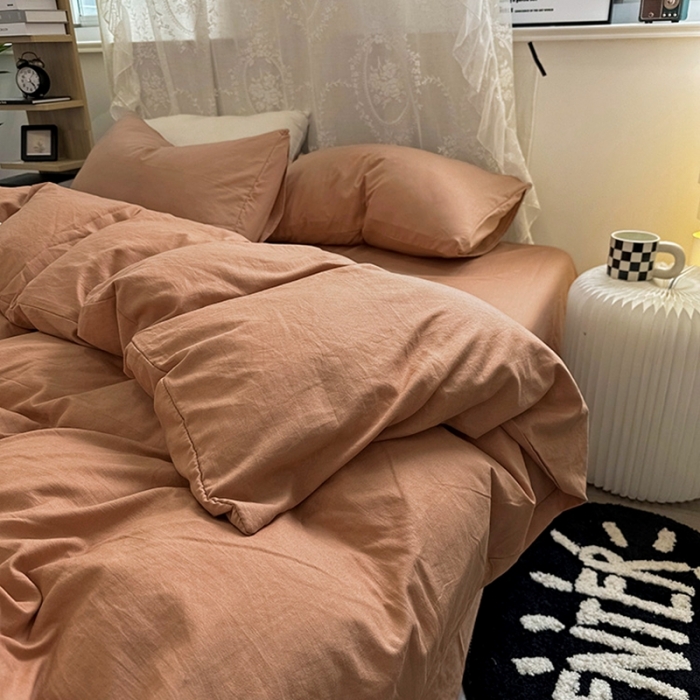 91家纺网 家纺一手货源 找家纺 优色良品 2023新款纯色超柔水洗棉四件套（手机拍摄） 褶皱水洗棉-奶油橙