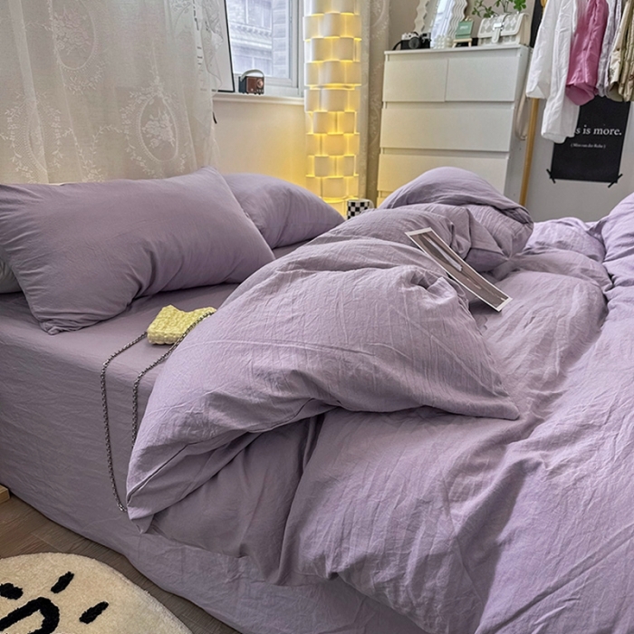 91家纺网 家纺一手货源 找家纺 优色良品 2023新款纯色超柔水洗棉四件套（手机拍摄） 褶皱水洗棉-奶紫色