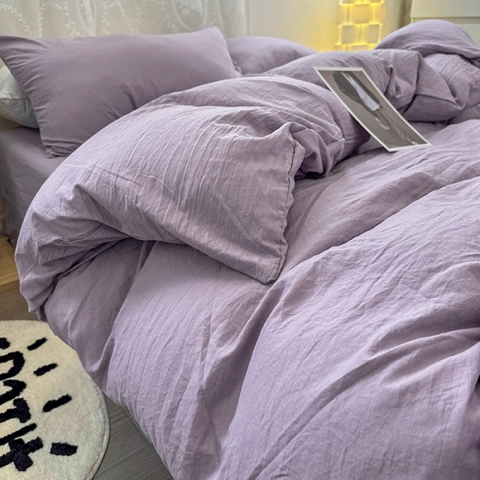 91家纺网 家纺一手货源 找家纺 优色良品 2023新款纯色超柔水洗棉四件套（手机拍摄） 褶皱水洗棉-奶紫色