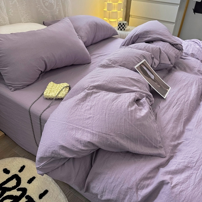 91家纺网 家纺一手货源 找家纺 优色良品 2023新款纯色超柔水洗棉四件套（手机拍摄） 褶皱水洗棉-奶紫色
