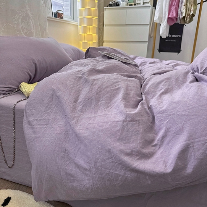 91家纺网 家纺一手货源 找家纺 优色良品 2023新款纯色超柔水洗棉四件套（手机拍摄） 褶皱水洗棉-奶紫色