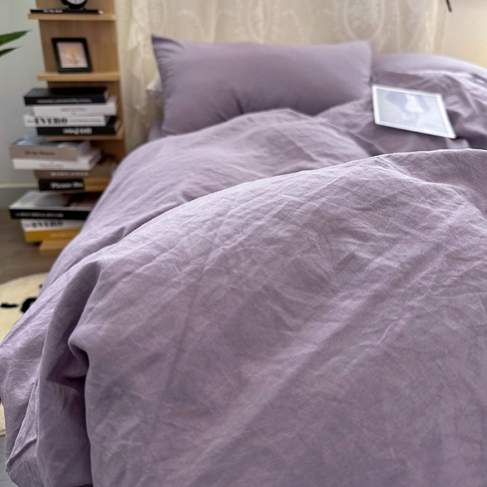 91家纺网 家纺一手货源 找家纺 优色良品 2023新款纯色超柔水洗棉四件套（手机拍摄） 褶皱水洗棉-奶紫色