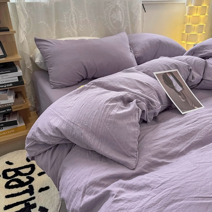 91家纺网 家纺一手货源 找家纺 优色良品 2023新款纯色超柔水洗棉四件套（手机拍摄） 褶皱水洗棉-奶紫色