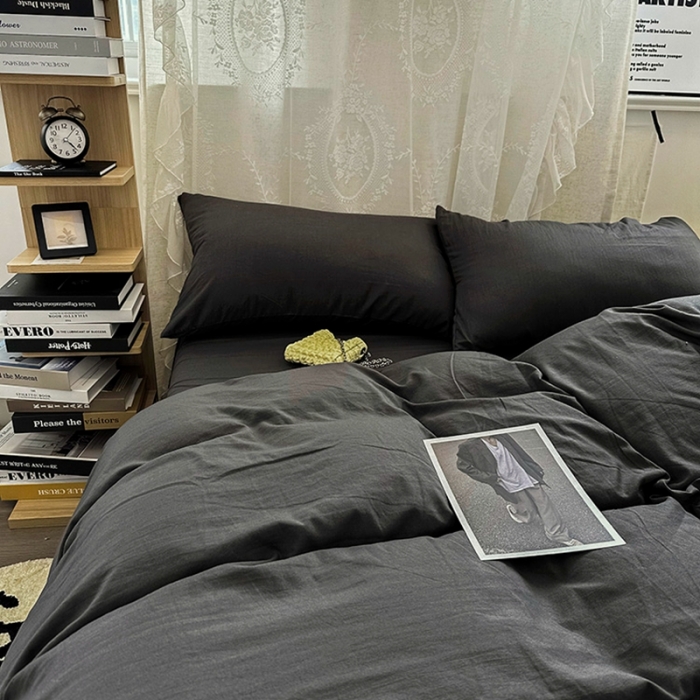 91家纺网 家纺一手货源 找家纺 优色良品 2023新款纯色超柔水洗棉四件套（手机拍摄） 褶皱水洗棉-气质灰