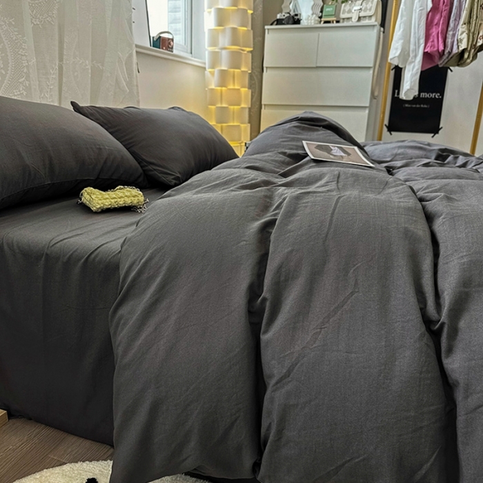 91家纺网 家纺一手货源 找家纺 优色良品 2023新款纯色超柔水洗棉四件套（手机拍摄） 褶皱水洗棉-气质灰