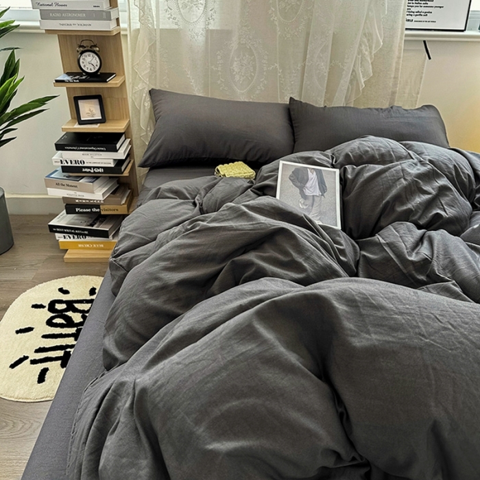 91家纺网 家纺一手货源 找家纺 优色良品 2023新款纯色超柔水洗棉四件套（手机拍摄） 褶皱水洗棉-气质灰