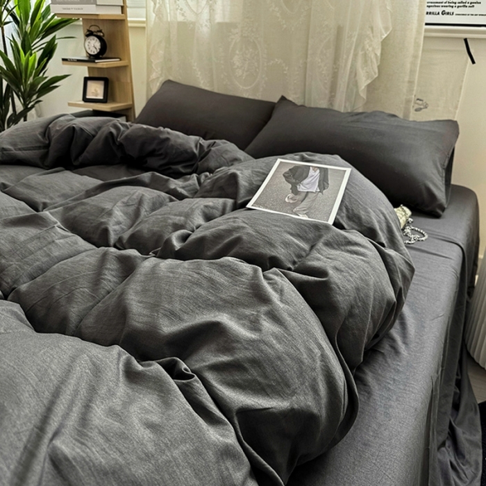 91家纺网 家纺一手货源 找家纺 优色良品 2023新款纯色超柔水洗棉四件套（手机拍摄） 褶皱水洗棉-气质灰