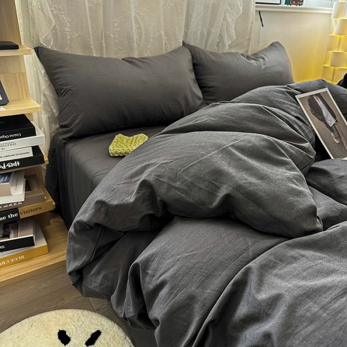91家纺网 家纺一手货源 找家纺 优色良品 2023新款纯色超柔水洗棉四件套（手机拍摄） 褶皱水洗棉-气质灰