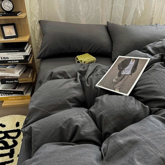 91家纺网 家纺一手货源 找家纺 优色良品 2023新款纯色超柔水洗棉四件套（手机拍摄） 褶皱水洗棉-气质灰