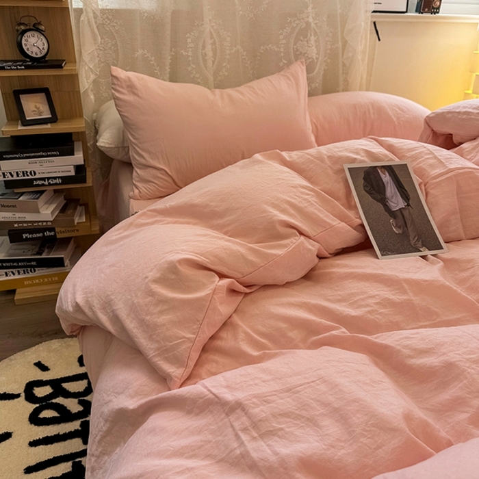 91家纺网 家纺一手货源 找家纺 优色良品 2023新款纯色超柔水洗棉四件套（手机拍摄） 褶皱水洗棉-仙女粉