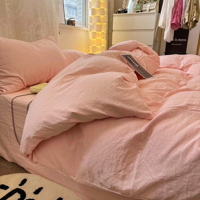 91家纺网 家纺一手货源 找家纺 优色良品 2023新款纯色超柔水洗棉四件套（手机拍摄） 褶皱水洗棉-仙女粉