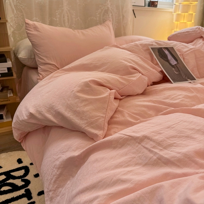 91家纺网 家纺一手货源 找家纺 优色良品 2023新款纯色超柔水洗棉四件套（手机拍摄） 褶皱水洗棉-仙女粉