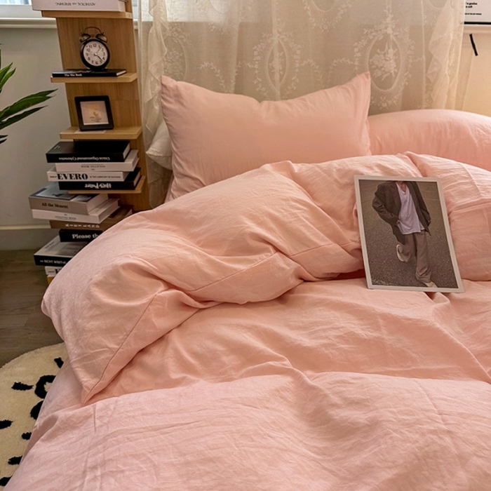 91家纺网 家纺一手货源 找家纺 优色良品 2023新款纯色超柔水洗棉四件套（手机拍摄） 褶皱水洗棉-仙女粉