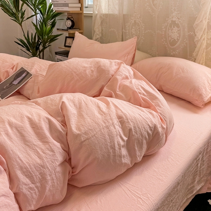 91家纺网 家纺一手货源 找家纺 优色良品 2023新款纯色超柔水洗棉四件套（手机拍摄） 褶皱水洗棉-仙女粉