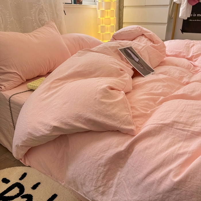 91家纺网 家纺一手货源 找家纺 优色良品 2023新款纯色超柔水洗棉四件套（手机拍摄） 褶皱水洗棉-仙女粉