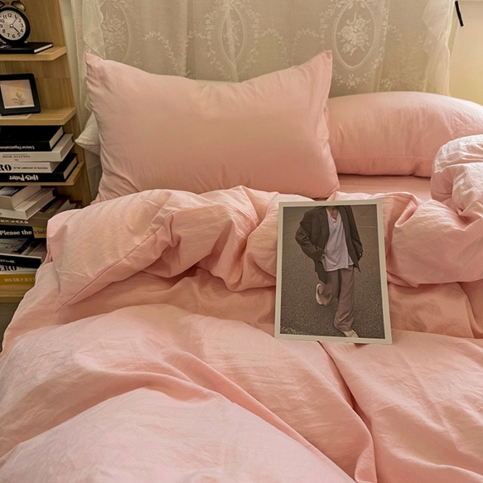 91家纺网 家纺一手货源 找家纺 优色良品 2023新款纯色超柔水洗棉四件套（手机拍摄） 褶皱水洗棉-仙女粉