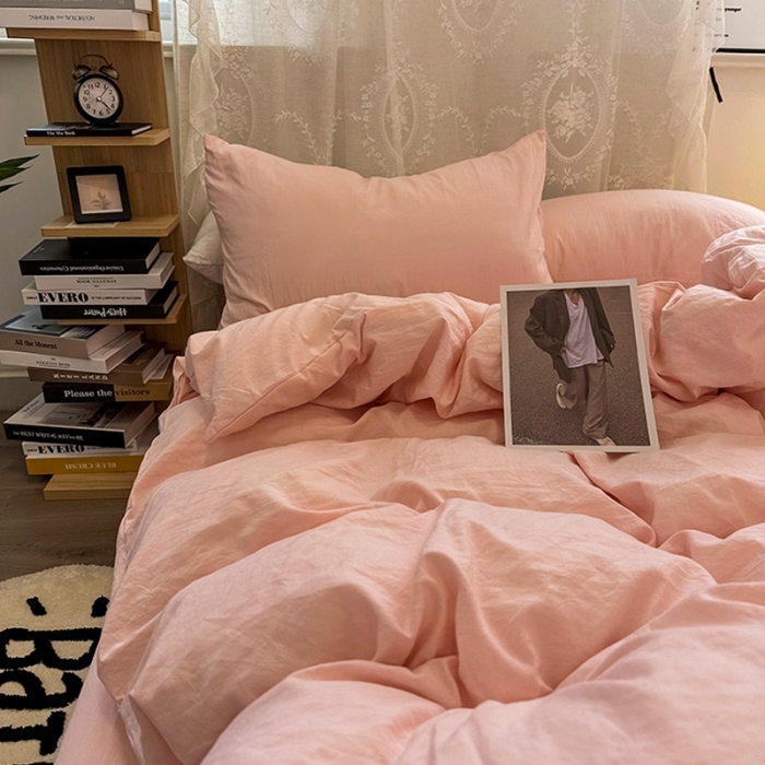 91家纺网 家纺一手货源 找家纺 优色良品 2023新款纯色超柔水洗棉四件套（手机拍摄） 褶皱水洗棉-仙女粉