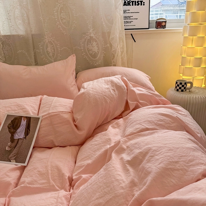 91家纺网 家纺一手货源 找家纺 优色良品 2023新款纯色超柔水洗棉四件套（手机拍摄） 褶皱水洗棉-仙女粉