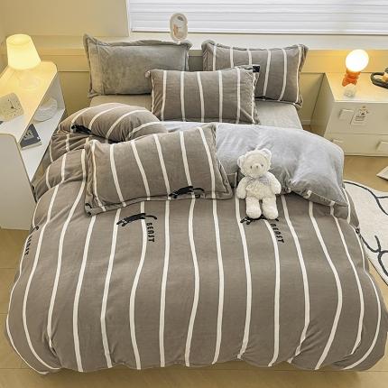 91家纺网 家纺一手货源 找家纺 金丝鸟家纺 2023新款220g全消光简约款牛奶绒四件套 条纹猫咖