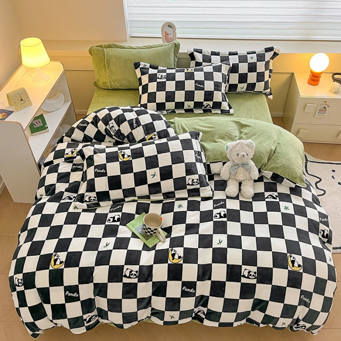 91家纺网 家纺一手货源 找家纺 金丝鸟家纺 2023新款220g全消光简约款牛奶绒四件套 棋盘国宝