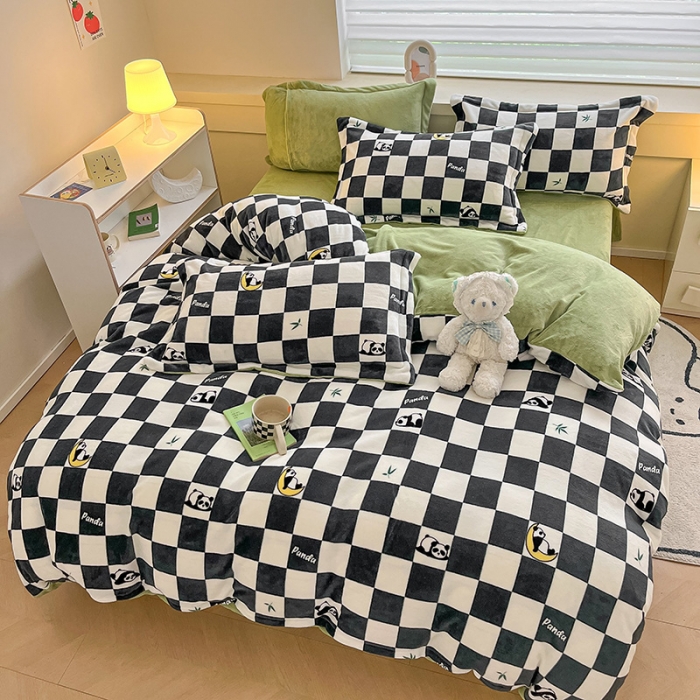 91家纺网 家纺一手货源 找家纺 金丝鸟家纺 2023新款220g全消光简约款牛奶绒四件套 棋盘国宝