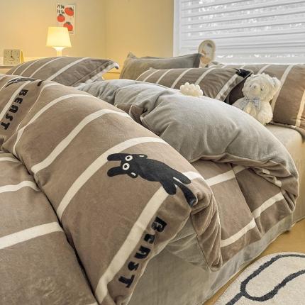 金丝鸟家纺 2023新款220g全消光简约款牛奶绒四件套 条纹猫咖