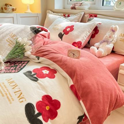 91家纺网 家纺一手货源 找家纺 金丝鸟家纺 2023新款220g全消光印花款牛奶绒四件套 花沫