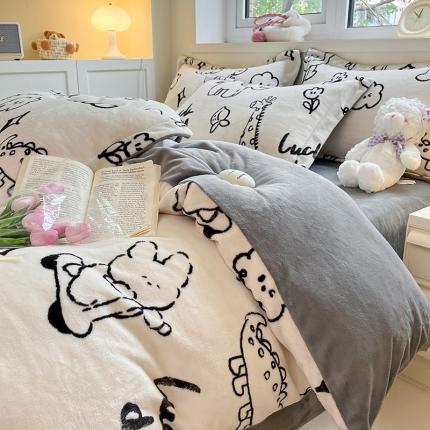 91家纺网 家纺一手货源 找家纺 金丝鸟家纺 2023新款220g全消光印花款牛奶绒四件套 简笔画