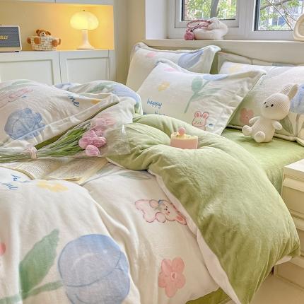 91家纺网 家纺一手货源 找家纺 金丝鸟家纺 2023新款220g全消光印花款牛奶绒四件套 蓝色兔