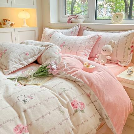 91家纺网 家纺一手货源 找家纺 金丝鸟家纺 2023新款220g全消光印花款牛奶绒四件套 罗纹小兔