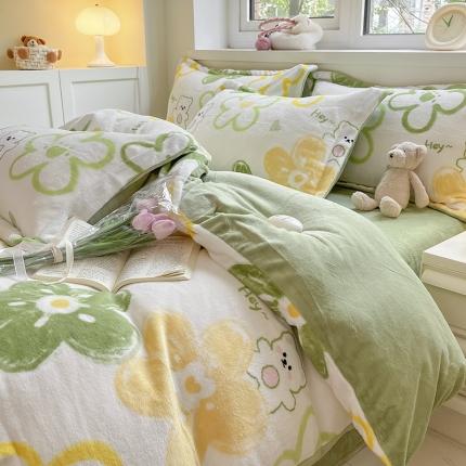 91家纺网 家纺一手货源 找家纺 金丝鸟家纺 2023新款220g全消光印花款牛奶绒四件套 清新小可爱