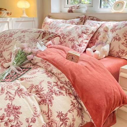 91家纺网 家纺一手货源 找家纺 金丝鸟家纺 2023新款220g全消光印花款牛奶绒四件套 知秋 红