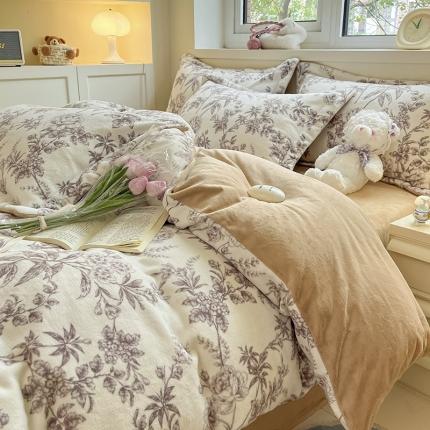 91家纺网 家纺一手货源 找家纺 金丝鸟家纺 2023新款220g全消光印花款牛奶绒四件套 知秋咖