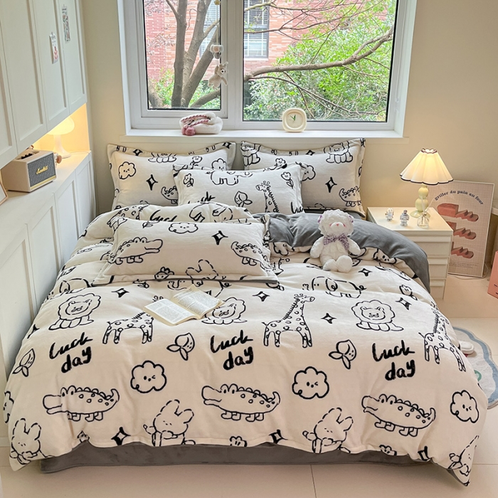 91家纺网 家纺一手货源 找家纺 金丝鸟家纺 2023新款220g全消光印花款牛奶绒四件套 简笔画