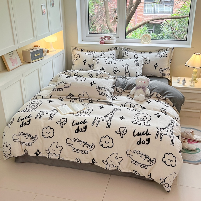 91家纺网 家纺一手货源 找家纺 金丝鸟家纺 2023新款220g全消光印花款牛奶绒四件套 简笔画