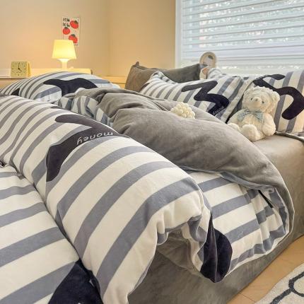 金丝鸟家纺 2023新款220g全消光简约款牛奶绒四件套 休闲字母