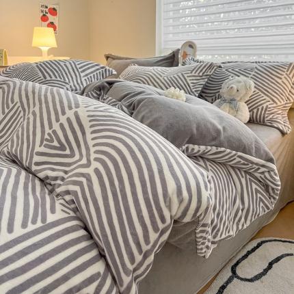 91家纺网 家纺一手货源 找家纺 金丝鸟家纺 2023新款220g全消光简约款牛奶绒四件套 菱格