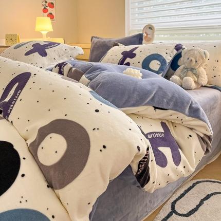 金丝鸟家纺 2023新款220g全消光简约款牛奶绒四件套 奇幻字母