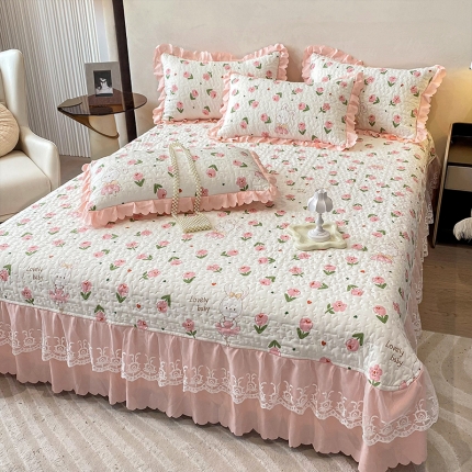 91家纺网 家纺一手货源 找家纺 漫布云2023秋冬夹棉床盖韩版公主风花边床罩加厚高档绗绣单床盖四件套