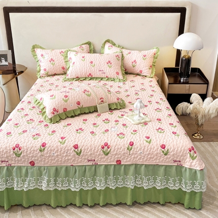 91家纺网 家纺一手货源 找家纺 漫布云2023秋冬夹棉床盖韩版公主风花边床罩加厚高档绗绣单床盖四件套