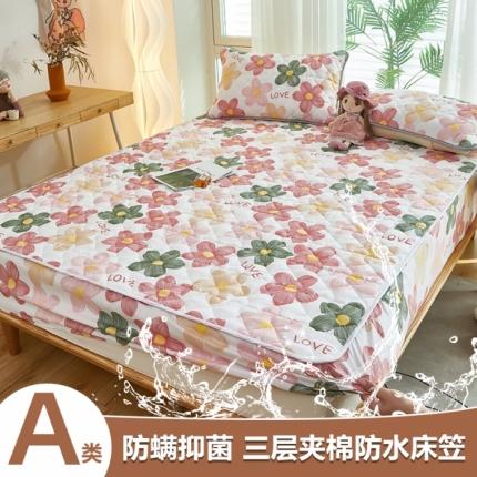 91家纺网 家纺一手货源 找家纺 总 蕾诺2025新款 印花A类水洗亲肤棉绗绣加厚夹棉防水床笠