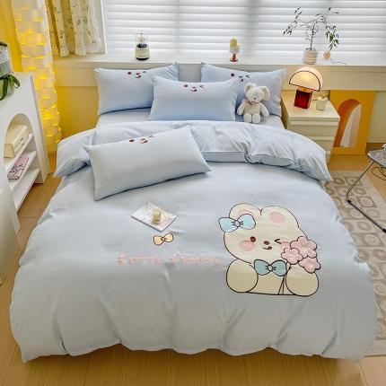 91家纺网 家纺一手货源 找家纺 N先生 2024秋冬亲肤水洗棉贴布绣四件套-捧花小兔系列 捧花小兔-蓝